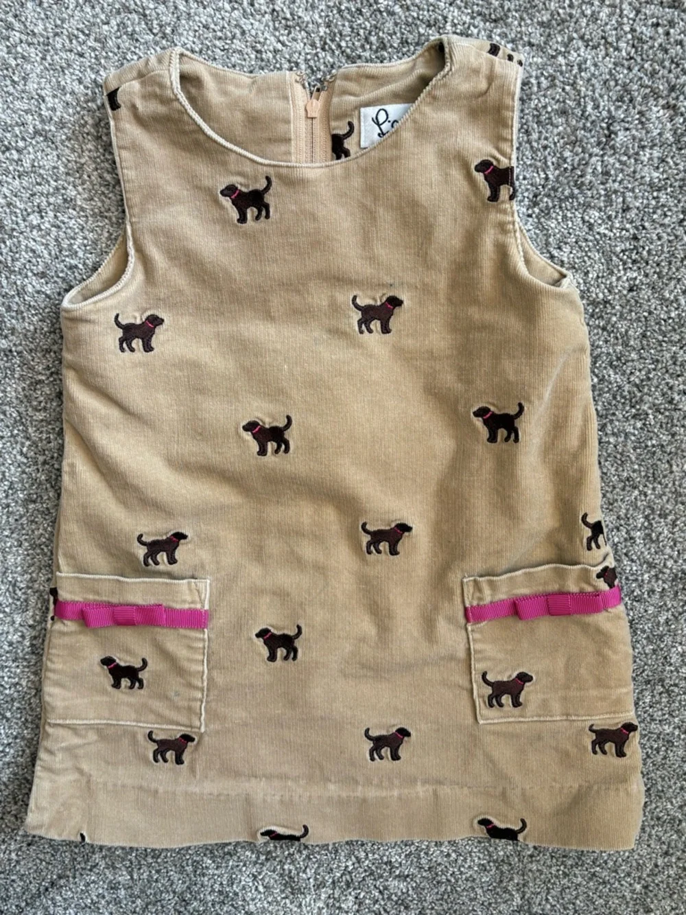 Lilly Pulitzer Tan Corduroy Pinafore with Embroidered Puppy - Picture 1 of 5